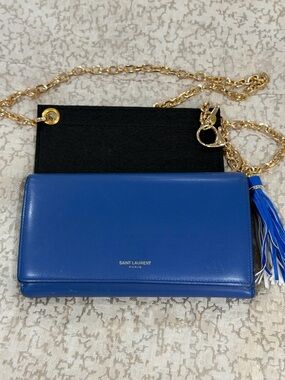 Saint Laurent Cobalt Blue Leather Crossbody Wallet with Gold Chain and Tassel
